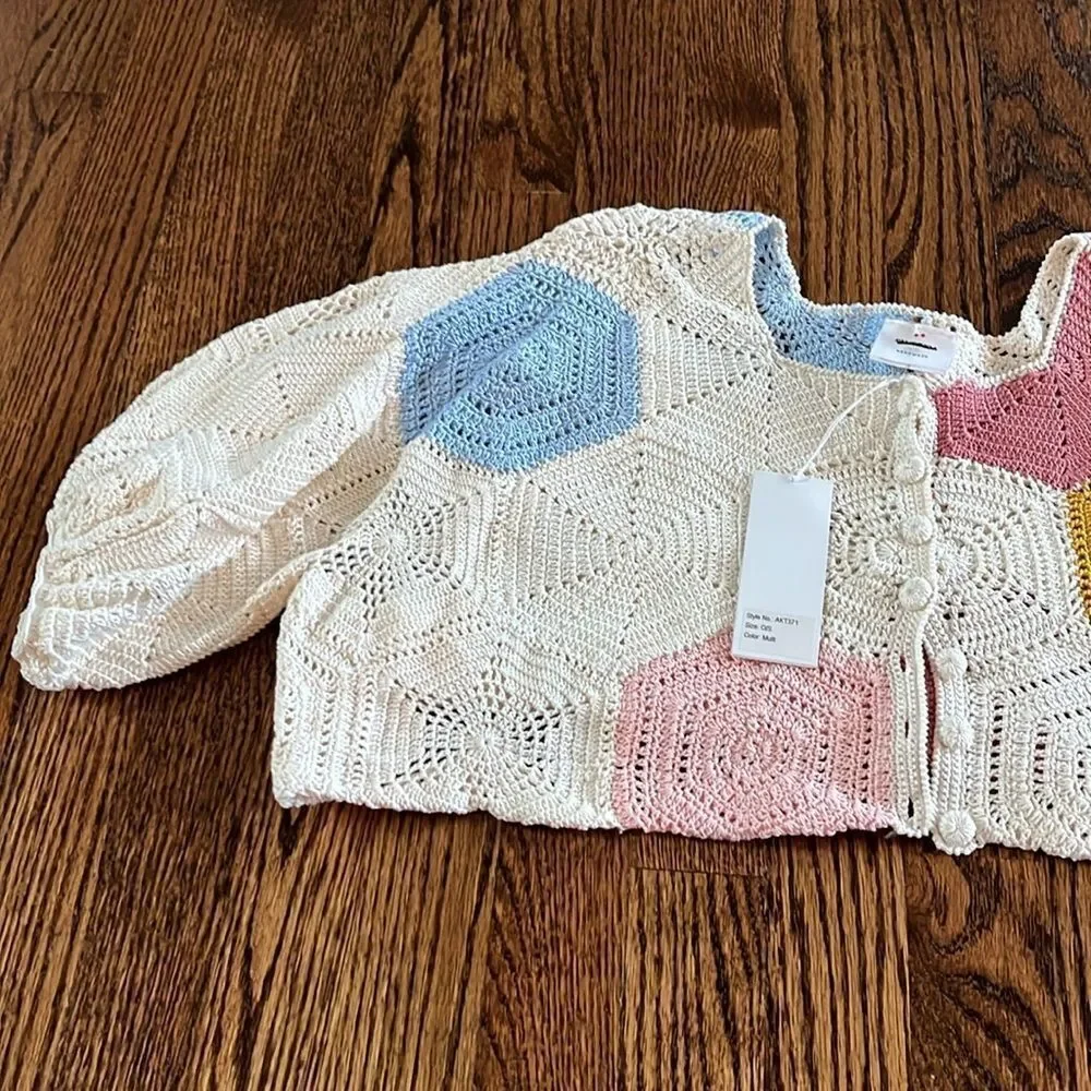 Anna K Crochet Cape Style Cardigan Short Sleeve Top size os